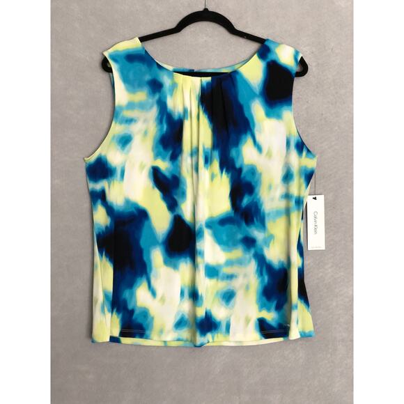 Calvin Klein Women's 1X Pleated Neck Sleeveless Top Watercolor NEW - Picture 1 of 8